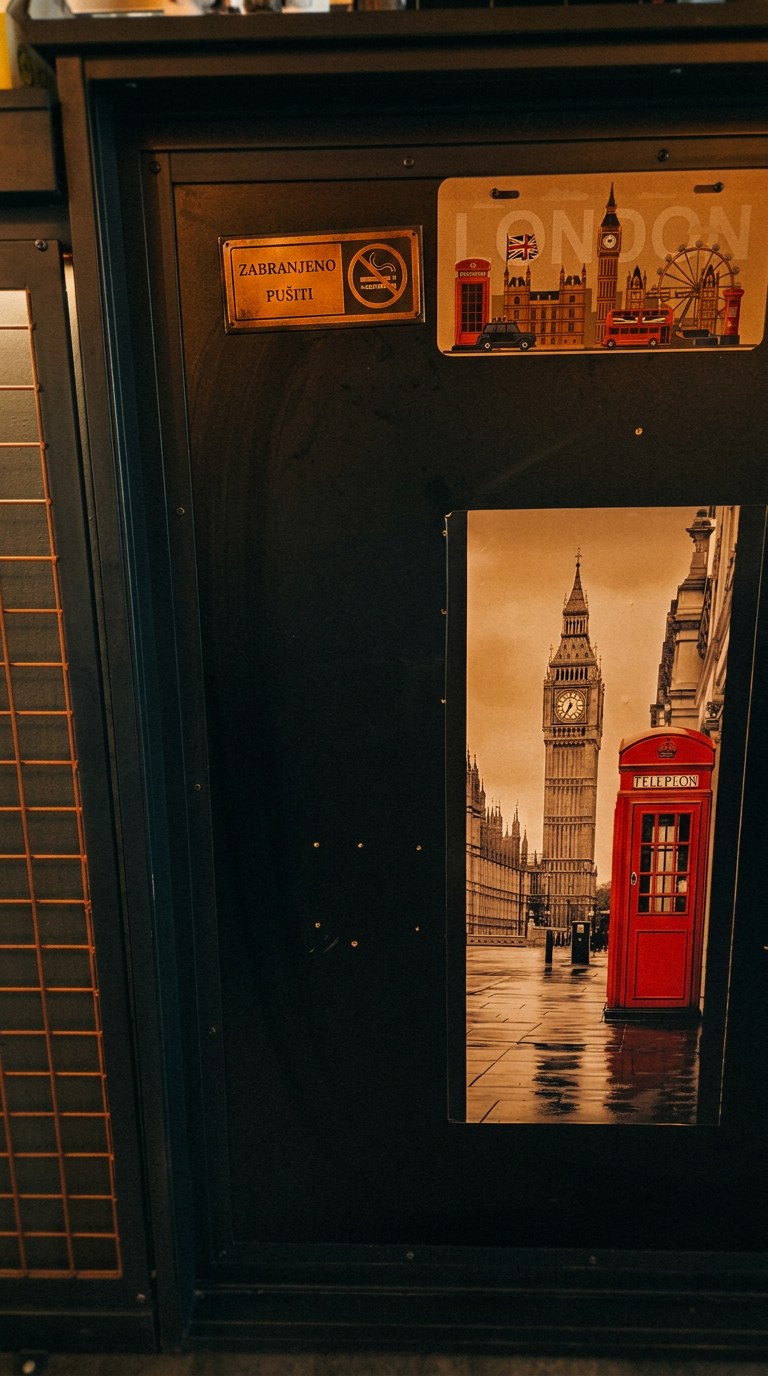 London detalji u interijeru — poster i crvena telefonska govornica